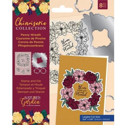 Crafter's Companion Chinoiserie Clear Stamps & Die - Peony Wreath